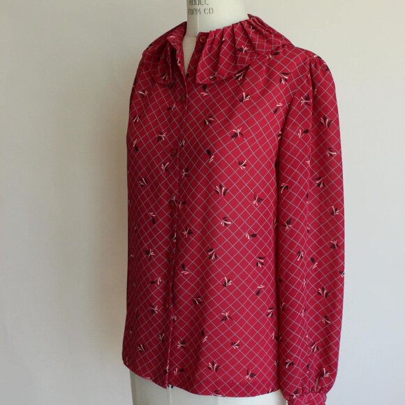 Vintage 1980s Blouse, Koret of California Red Windowpane Check Top with Ruffle - Picture 8 of 10
